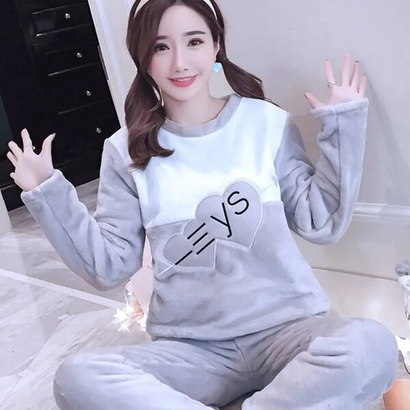 Пижама женская плотная фланелевая теплая женская зимняя пижама с длинным рукавом, длинные брюки, пижама из двух предметов, Фланелевая пижама с животными