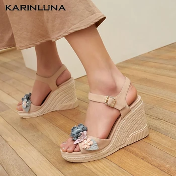 

Karinluna Brand New Trendy Sheepskin Leather Kid Suede Sweet Flowers High Heels Wedges Straw Platform Women Shoes Sandals