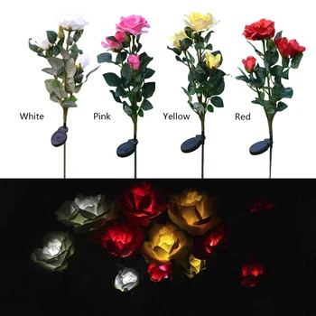 

3 Head Outdoor Solar Powered LED Light Waterproof Rose Flower Stake Lamp Easy-To-Install For Home Garden Yard Lawn Path Decorate