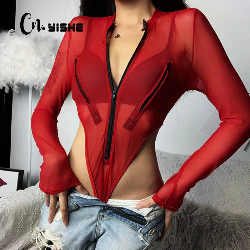 Bodysuit Romper Summer Outfits Sexy Tops Club Streetwear High-Waist Mesh Red CNYISHE