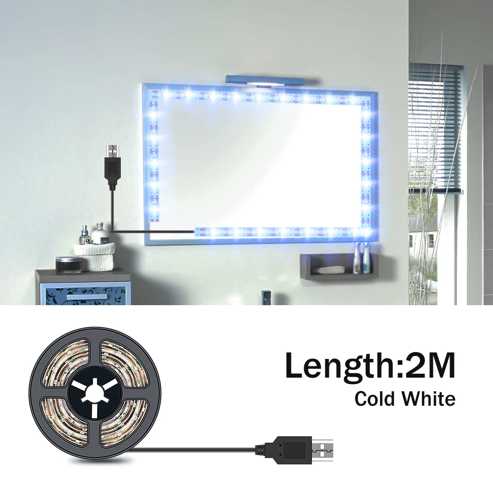 2M Cold White 5M Tocador con espejo светильник для макияжа, зеркальный светильник, USB, 5 В, туалетный столик, лампа для ванной комнаты, светодиодная лампа для туалетного зеркала, косметический светильник в полоску - Испускаемый цвет: 2M Cold White