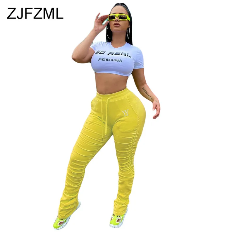 

High Waist Elastic Casual Ruched Sweatpant Women Fashion Letter Embroidery Pockets Pant Summer Neon Green Yellow Trouser Jogger