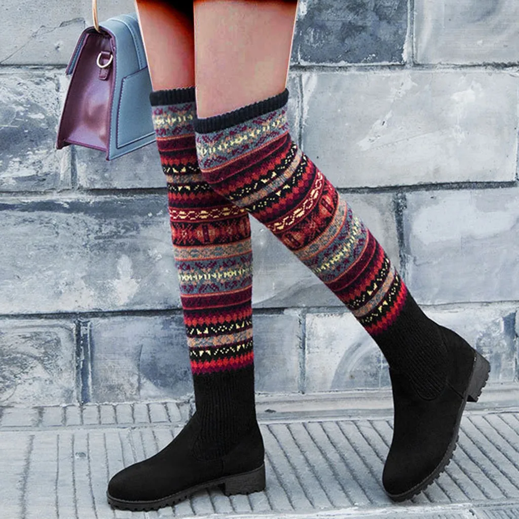 Spring Winter New Women Winter Warm Med Heels Cool Retro Slip On Kneeth Sexy Snow Boots Shoes long boots sock boots#O18