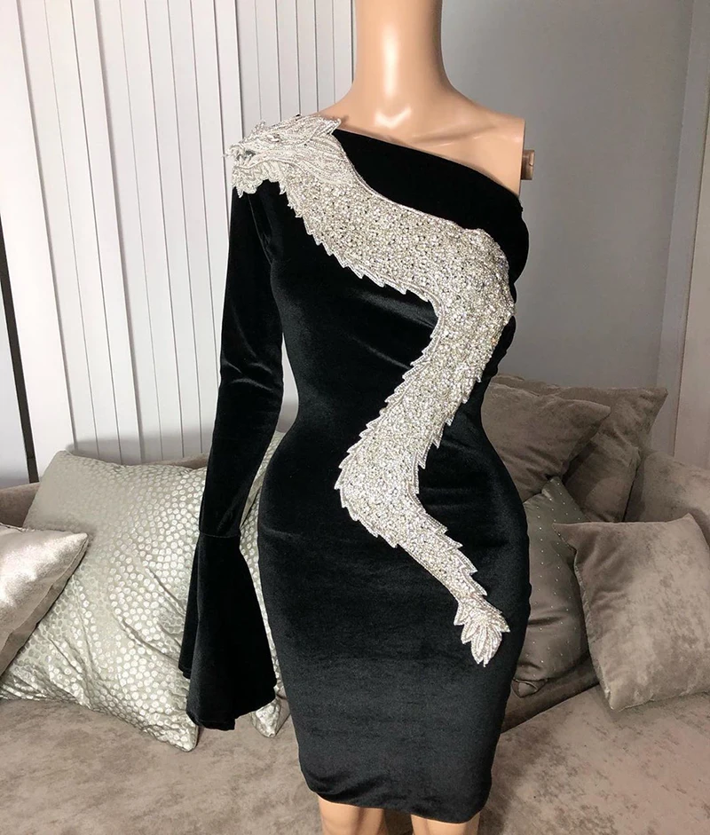 plus size prom & dance dresses Black Short Prom Dress 2022 One Sleeve Silver Beaded Handwork African Girl Straight Mini Prom Dresses mini prom & dance dresses Prom Dresses