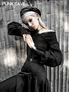 

PUNK RAVE Collar Ruffled Long Sleeve T-Shirt Women's Elegant Tied Off-the-Shoulder Short Top Lantern Sleeve