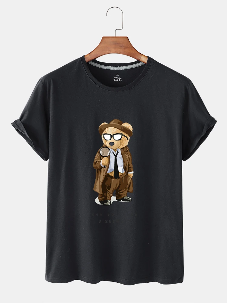 

100% Cotton Detective Bear Print O-neck Short-sleeved T-shirt Women Summer Casual Short-sleeved Unisex Oversized T-shirt Top