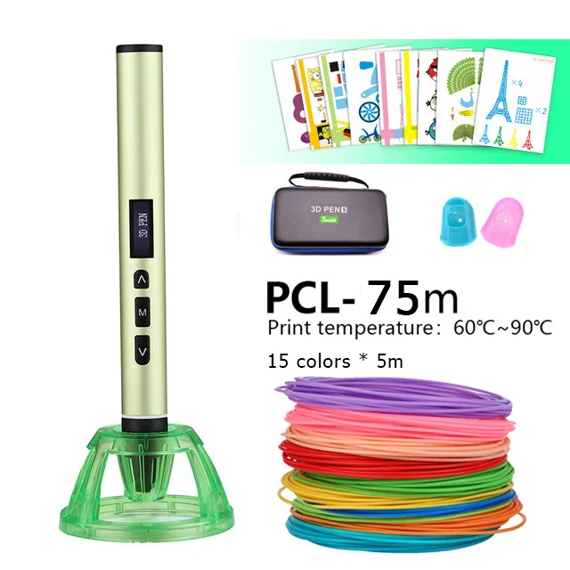 green pen PCL75m Лучшая 3D Ручка 3d переключаемый PCL и PLA режимы, 150 метерpcl нити, металлический корпус, USB источник питания, рождественские подарки - Цвет: green pen PCL75m