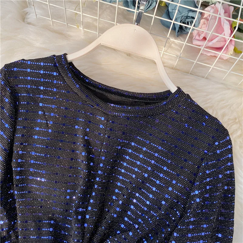 Neploe, новинка, рубашка с блестками, женская модная футболка Blingblling с длинным рукавом, Корейская тонкая короткая рубашка с круглым вырезом, короткий топ, футболки 56086