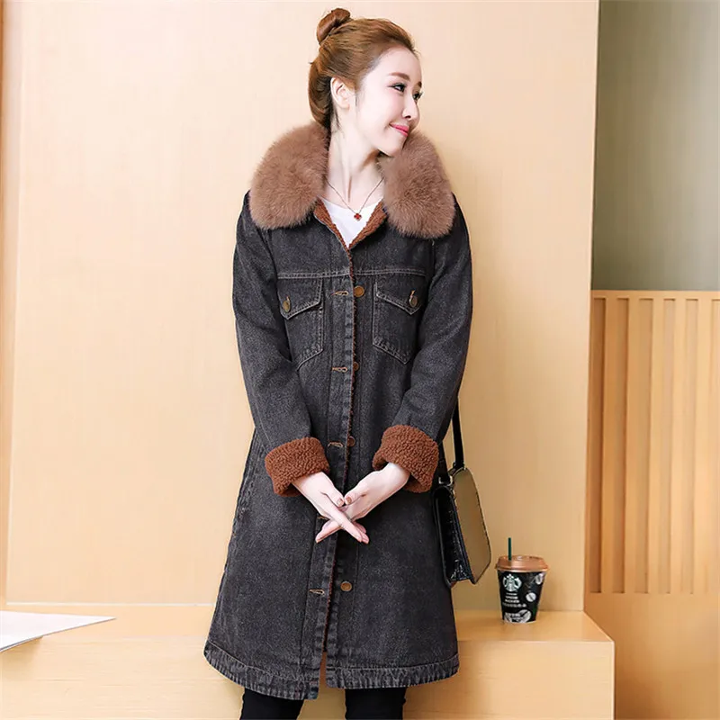 Новинка года, женская зимняя куртка, модная куртка из лисьего меха, толстая Вельветовая джинсовая куртка высокого качества, женские длинные пальто из овечьего меха, YH482