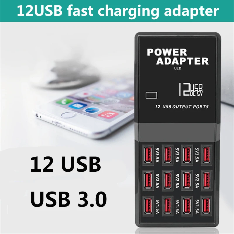 12-Port-Mehrfach-USB-Ladegerät, 5 V, 12 A Ausgang, max. 0,3 A Eingang, Lade-Hub, Desktop-Adapter, Schnellladegerät für Telefon, Tablet-PC_voghion.com
