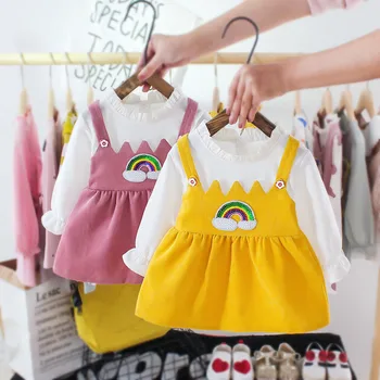 

Baby Girl Long Sleeve Solid Color Round Neck Stitching Mesh Gauze Embroidery Rainbow Print Dress платье