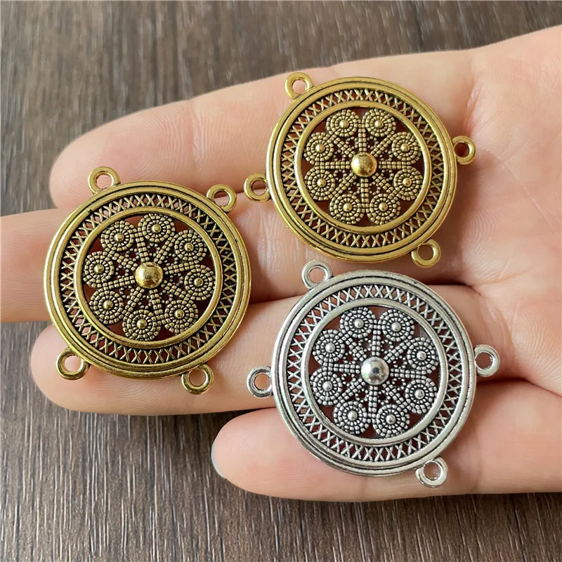 

10pcs 28*30mm metal circular hollow flower pattern connector for DIY sweater chain charm pendant accessories