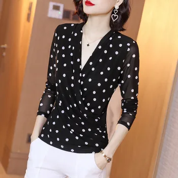 

1pcs Ladies Plus size blouses tops 2020 Autumn mesh hollow out Dot prints Splicing V-neck Primer shirt women's Skinny shirts