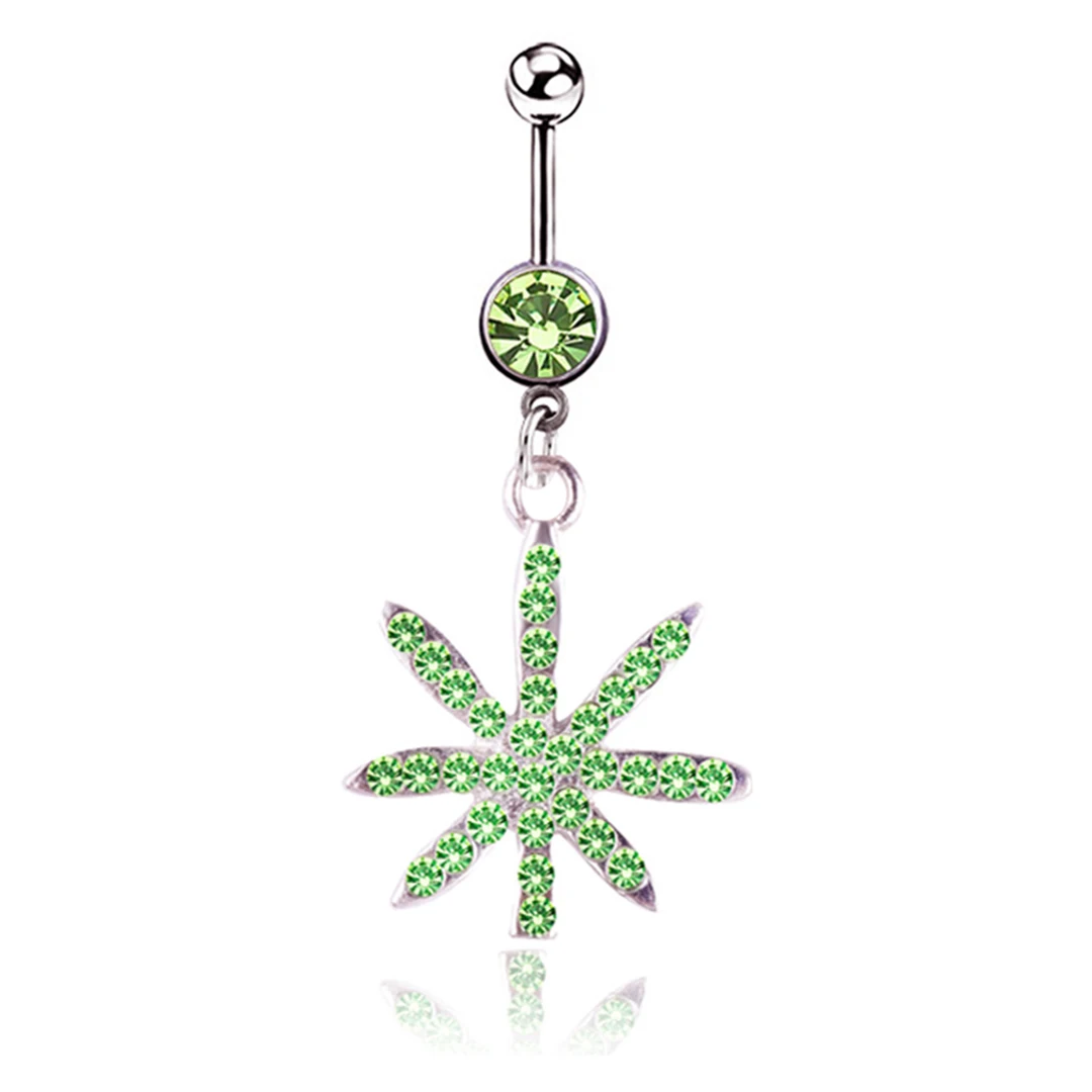 5Pcs Green Crystal Leaf Turtle Belly Button Dangle Navel Ring Set Surgical Steel