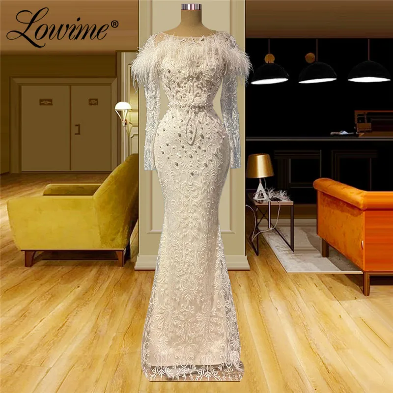 

Luxury Pearls Feathers Long Evening Dress 2021 New Arrival Mermaid Lace Party Gowns Celebrity Dress Dubai Arabic Prom Dresses