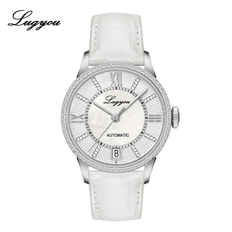 Lugyou для женщин женские часы из розового золота лучший бренд класса люкс Скелет механические Автоматические алмаз женские наручные часы кожа водонепроницаемый - Цвет: Silver White SW
