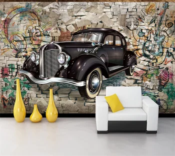 

Custom 3D 8D wallpaper mural retro vintage car through the wall restaurant bar mural background wall