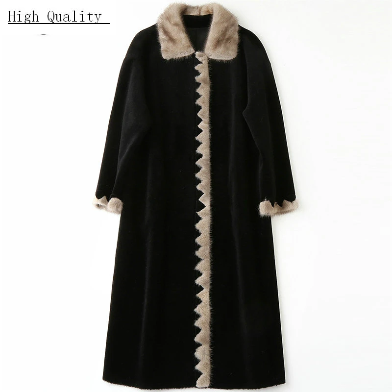 

Sheep Shearing Fur Coat Winter Jacket Women Natural Wool Parka Real Mink Fur Collar Autumn Spring Long Clothes LWL1369