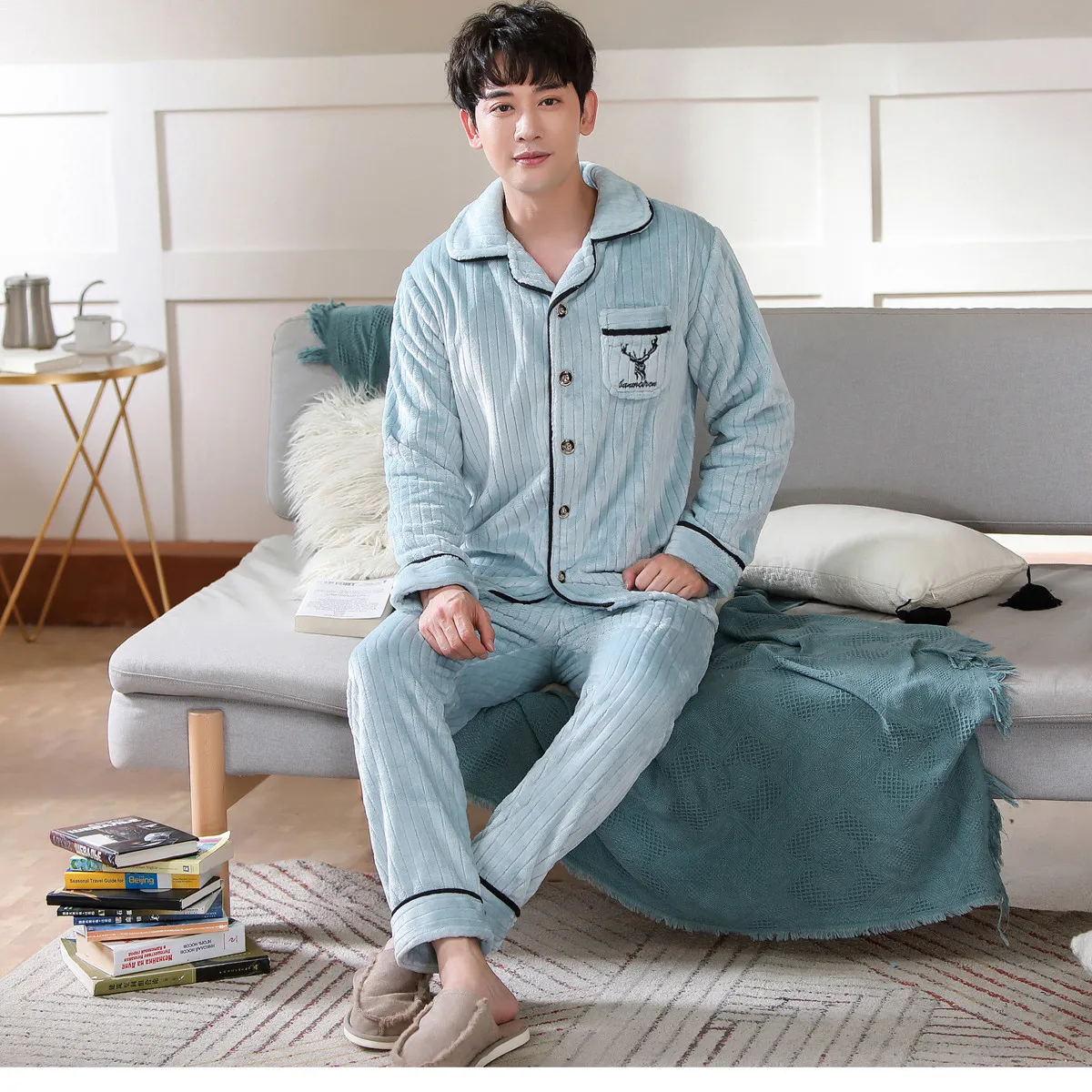 Men's Thicken Flannel Pajamas Sets Men Pajamas Coral Fleece Sleepwear Men Sexy Homewear Soft Warm Nightgown Men Winter Autumn red plaid pajama pants Men's Sleep & Lounge