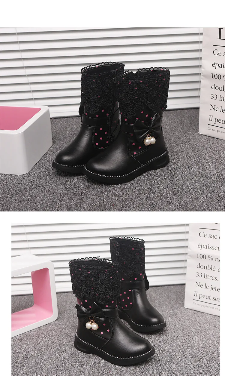 Winter Children Cotton-padded Shoes Bow Pricess PU Leather Lace Snow Warm Boots Fashion Boot Knee High Boots Size 27-37