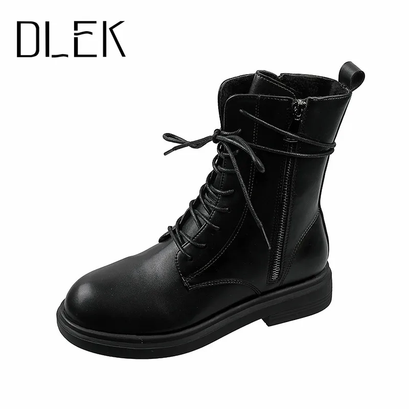 Chunky Boots Spring-Shoes Women Platform Square Heel Round-Toe Female Black Lining DLEK