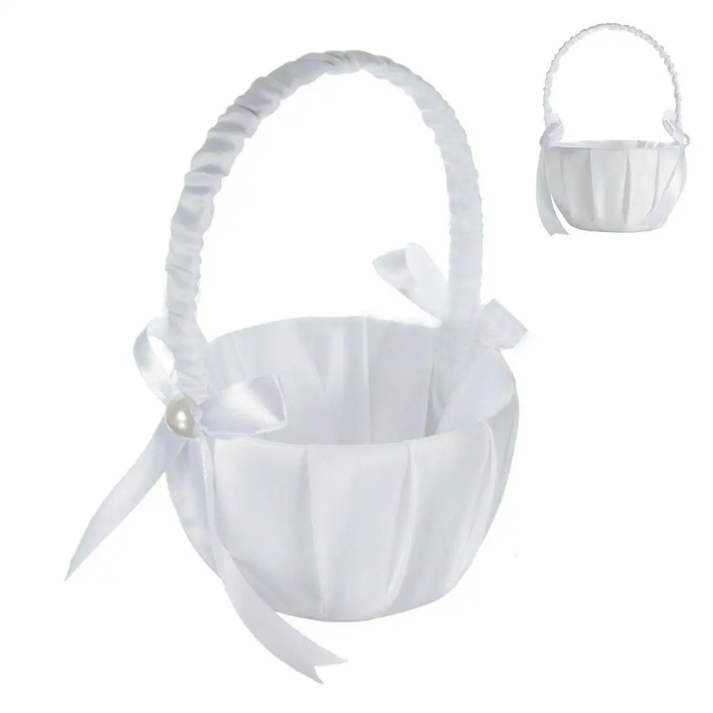 

Romantic White Flower Basket Wedding Bride Ceremony Satin Bowknot Pearl Flower Gift Storage Girl Love Basket Wedding Decoration