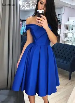 

Short Blue Prom Dresses 2019 Off Shoulder Lace-up Back Knee Length Stain Evening Party Dresses Vestido De Fiesta Cheap