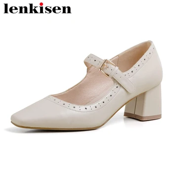 

Lenkisen hot sale Mary janes cow leather square toe med heel shoes women beauty lady buckle strap dress dating classic pumps L60