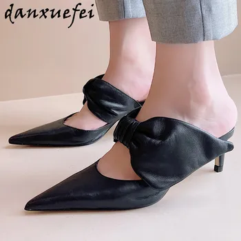 

Women's genuine leather thin high heelslip-on pumps slingback summer pointed toe sandals elegant ladies mules dress shoes women