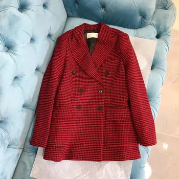 

Luxury 100% Wool Blazer Overcoat Women 2020 Autumn Woven Tweed Blazer Silk Lining Notched Long Sleeve Mid-length Red Plaid Coats