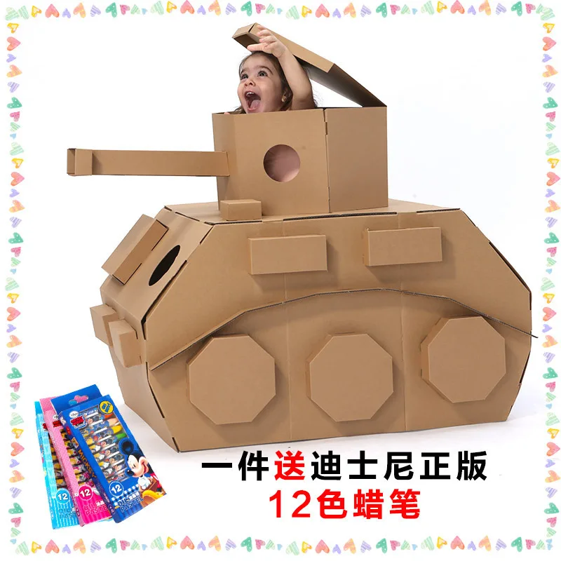 

Children Toy Tank Model Paper Shell Cardboard Paper Box DIY Hand-made-Painting Sit on Airplane House