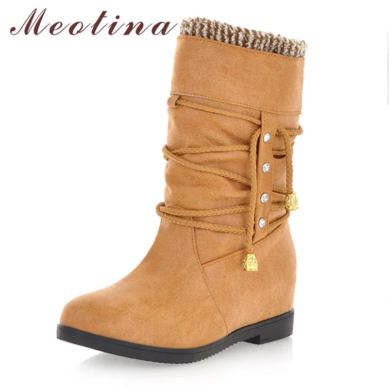 Meotina Autumn Mid Calf Boots Women Boots Crystal Slip on Flat Boots Pleated Round Toe Shoes Ladies Winter Green Plus Size 33-43