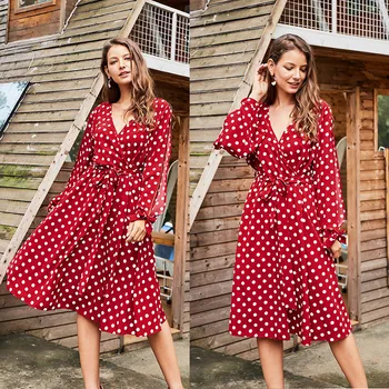 

Women Chiffon Dots Print Belted Maxi Dress Long Sleeve V Neck Casual A Line Red Dress Autumn Beach Holiday Flowy Party Dress