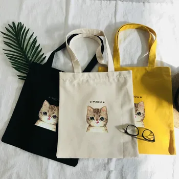 

Canvas Traveling Shopping Bags Cat Print Tote Bag for Women Girl Cute School Shoulder Bags