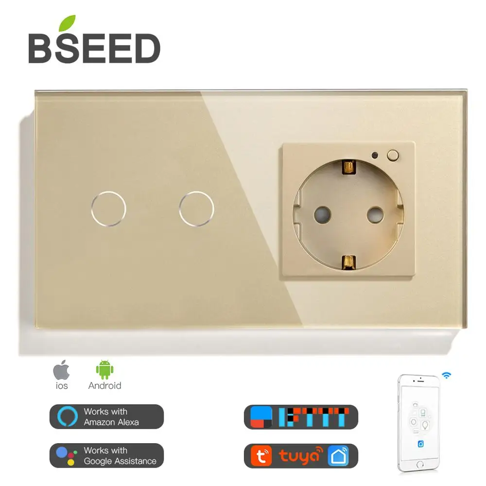 BSEED Smart Wifi сенсорный выключатель 2 банды стандарт ЕС работает с Tuya 16A розетка