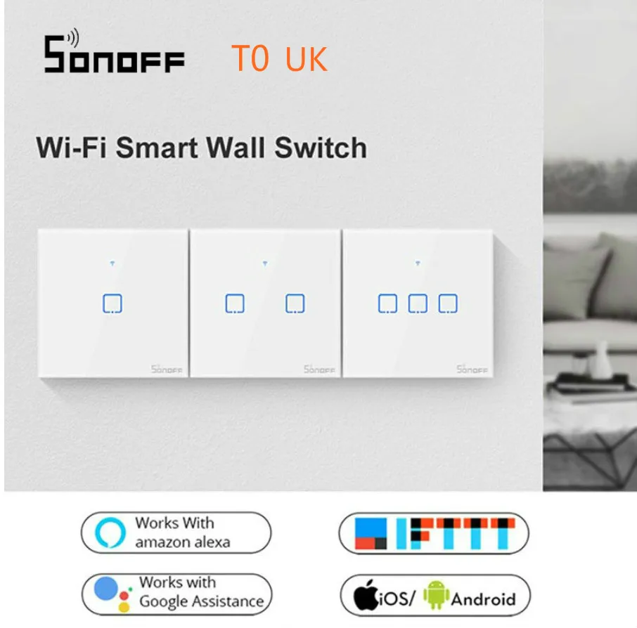 

SONOFF T0 UK Wifi Touch Screen Switch Works with Amazon Alexa/for Google Home/for Google Nest/ Luxury Glass Panel/ LED Light