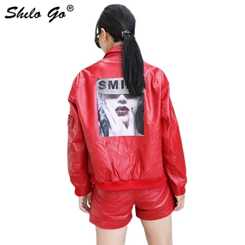 

Genuine Leather Coat Graffiti Print Back Color Block Cut and Sew Jacket Women Autumn Casual Notched Neck Single Button Outwear