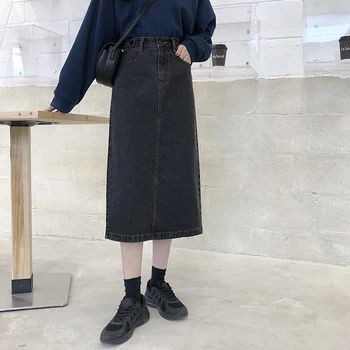 

Denim Skirts Women Vintage Harajuku Split Sexy Jeans Pencil Skirt Plus Size Long Midi Skirts Pocket Warp Casual Korean 2020 W380