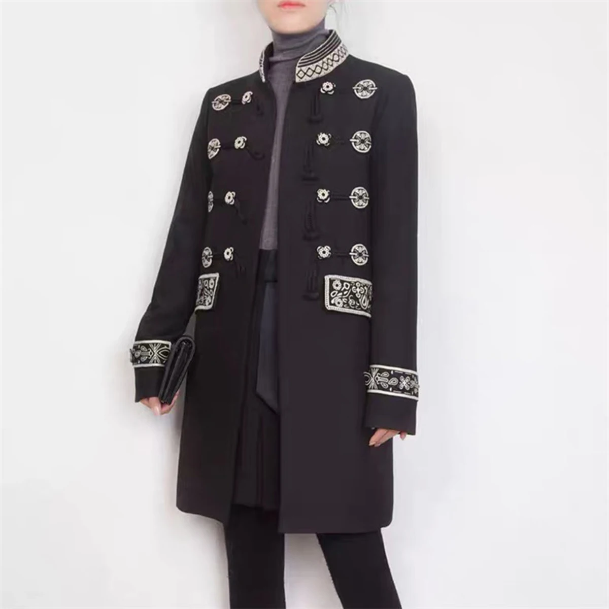 

Jastie 2019 Autumn Winter Coat Women Trench Coats Retro Navy Collar Embroidery Overcoats Casual Outerwear casaco feminino