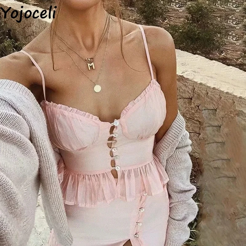 Yojoceli, сексуальные топики с оборками для фитнеса, женские топы, летние, розовые, на пуговицах, короткий топ, женский, Повседневный, пляжный, крутой Топ