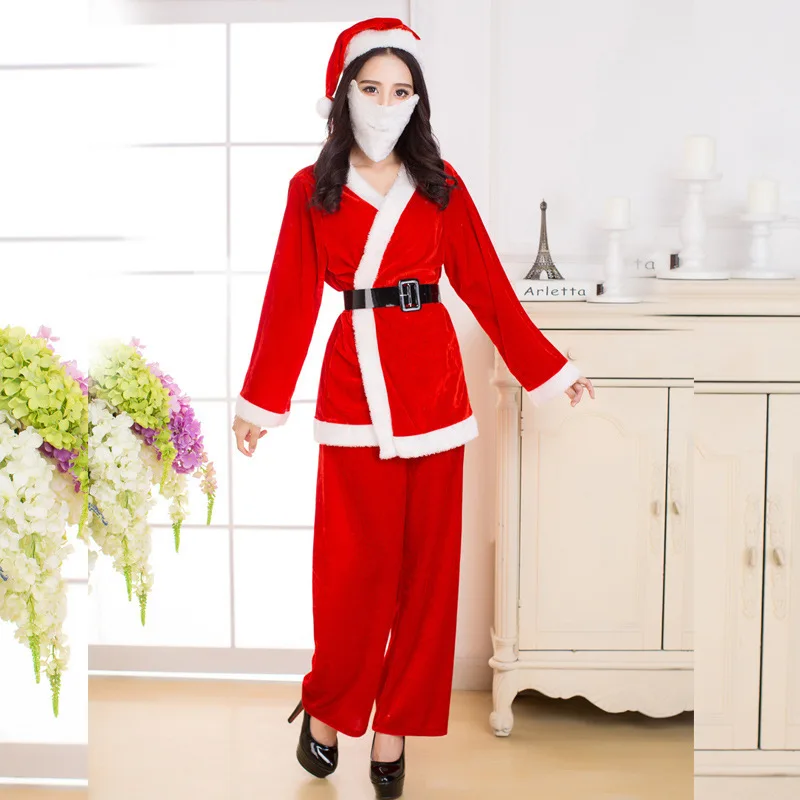 

Christmas 2019 Costume Miss Santa Claus Basic Cosplay Thin Beard Red Velvet Clothes Sets Women Holiday Xmas Uniform