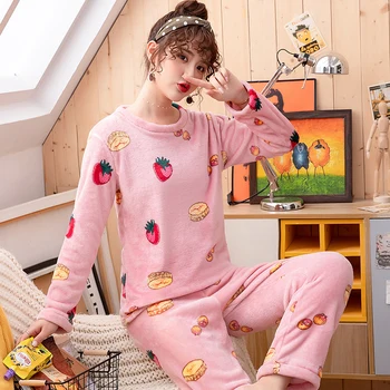 

Long Sleeve Women Pajamas Set Brown Strawberry Winter Warm Thick Flannel Pyjamas Set Round Neck Coral Velvet Women Sleep Wear