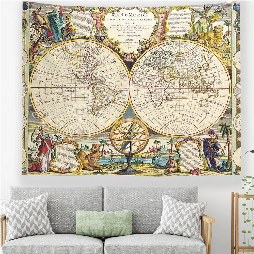 Vintage World Map Wall Tapestry Historical Art Print Map Tapestry Hanging for Bedroom Decor