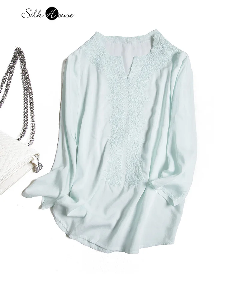 

High Level Commuter Heavy Industry Embroidery Jacquard Silk Shirt Women's Simple Medium Long Sleeve Mulberry Silk Top