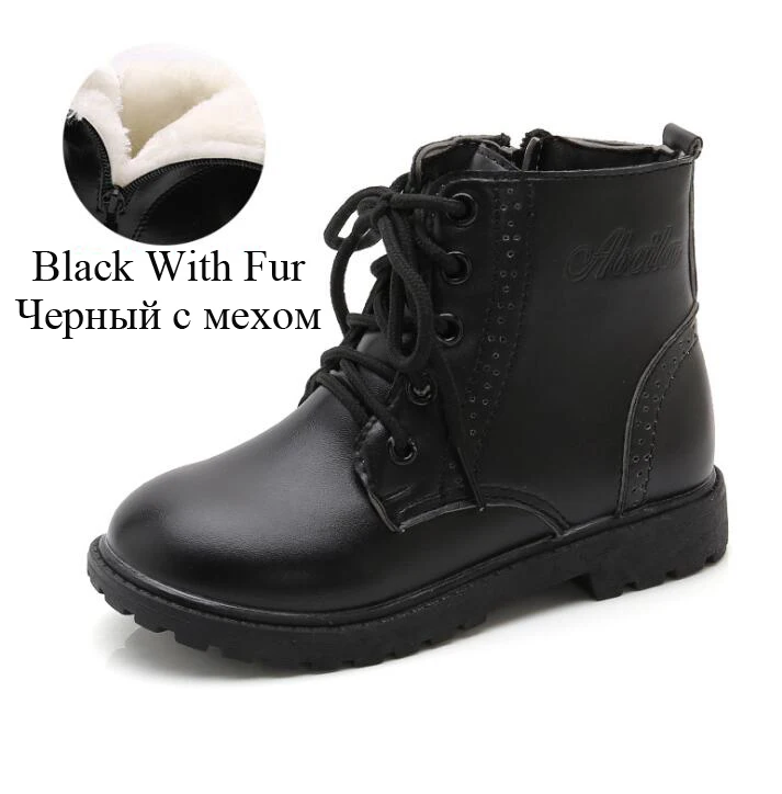 black with fur Осенне-зимние новые детские кожаные ботинки; обувь для девочек; зимние ботинки для мальчиков; Детские Ботинки martin - Цвет: black with fur