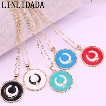 

10Pcs Trendy Multi-color Enamel Charm Round Pendant Necklaces Gold Color Copper Chain Necklace For Women Girl