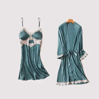 lake blue Daeyard/женские пижамы, осенний шелковый халат и нарядный комплект, пикантный кружевной с открытой спиной, пижамы, 2 предмета, одежда для сна, домашняя одежда - Цвет: lake blue