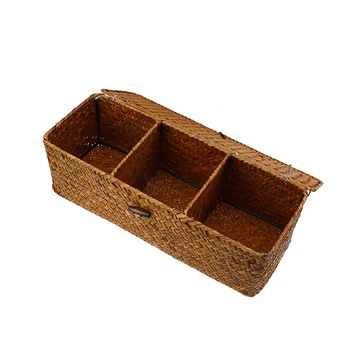 

Natural Basket with Cover 3 Grid Straw Wicker Storage Box for Home Table Kitchen Vintage Storage Container Laundry Organizer