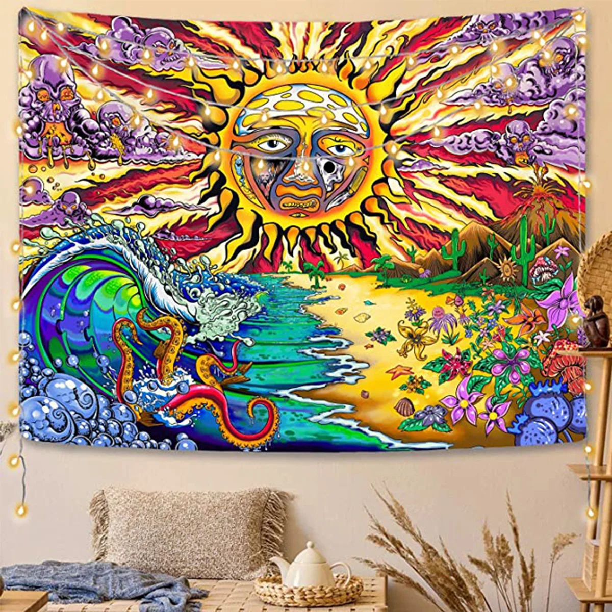 Psychedelic Sun Face Printing Big Wall Mounted Hippie Hanging Bohemian Beautiful Tapestry Mandala Art Decoration | Дом и сад