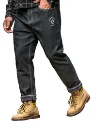 Зимние плотные бархатные теплые мужские повседневные эластичные джинсы с буквенным принтом, модные тонкие простые прямые джинсовые брюки